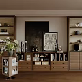 Modern Wooden Display Cabinet With Multiple Shelves Decorative Vases Bowls And Books