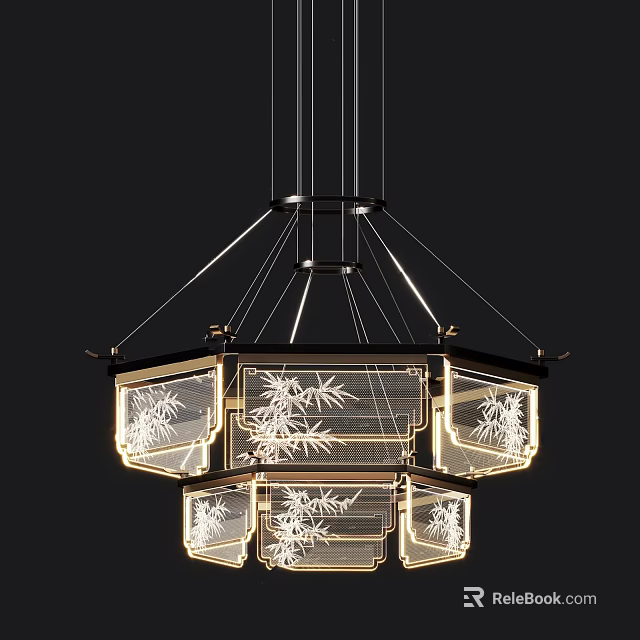 Traditional Chinese Chandelier With Bamboo Pattern Octagonal Glass Shades And Elegant Lighting 3d model 