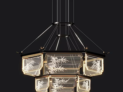 Traditional Chinese Chandelier With Bamboo Pattern Octagonal Glass Shades And Elegant Lighting 3d model