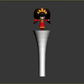 Cartoon Woman in Red Outfit With Golden Crown Standing on Top of Tall Silver Pillar