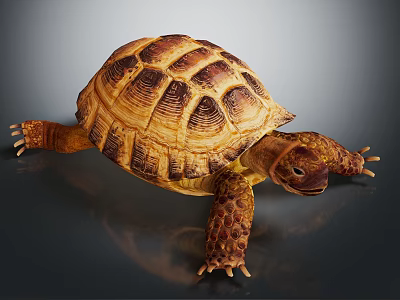 Realistic Tortoise With Brown Yellow Shell And Detailed Textured Skin On Dark Background 3d model
