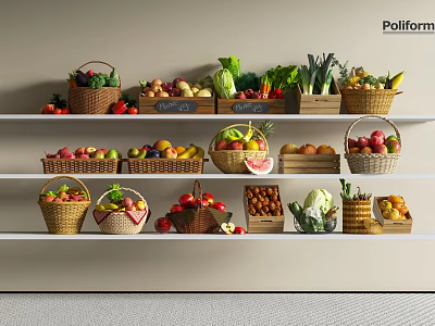 Fresh Assorted Fruits on Shelves in Woven Baskets Wooden Boxes with Apples Bananas Pineapples Strawberries 3d model