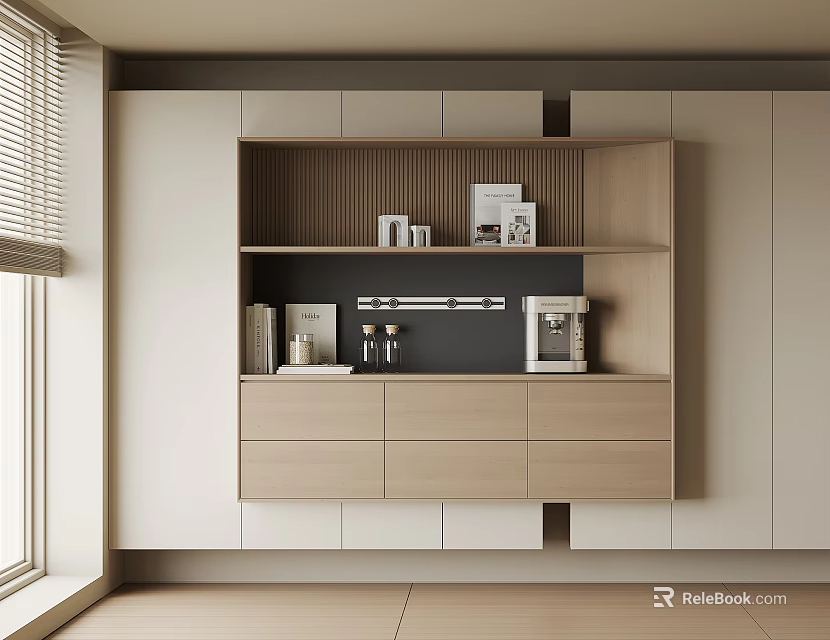 Modern Minimalist Sideboard With Light Wood And White Finish Open Shelves And Coffee Machine 3d model 