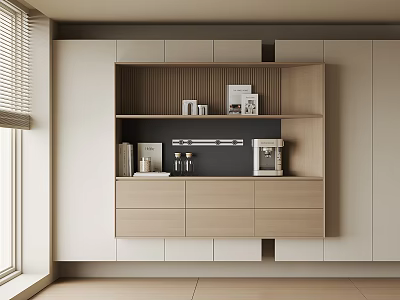 Modern Minimalist Sideboard With Light Wood And White Finish Open Shelves And Coffee Machine 3d model