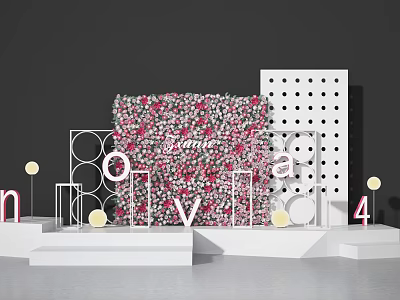 Decorative Floral Backdrop With Olivia Letters Geometric Shapes And Number 4 On White Platform 3d model