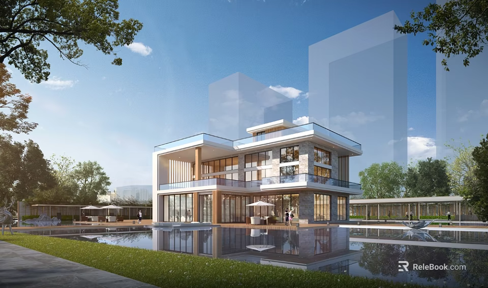 Modern Two Story Sales Office Building With Large Glass Facade Water Pool And Greenery 3d model 