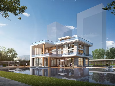 Modern Two Story Sales Office Building With Large Glass Facade Water Pool And Greenery 3d model