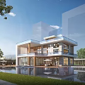 Modern Two Story Sales Office Building With Large Glass Facade Water Pool And Greenery