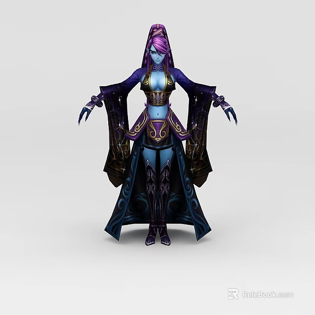 Fantasy Woman With Purple Hair Blue Skin Magical Robe And Clawed Fingers 3d model 