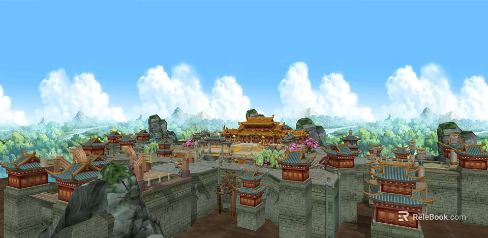 Traditional Ancient Architecture Complex With Yellow Roofs Red Walls Trees and Mountain Scenery 3d model 
