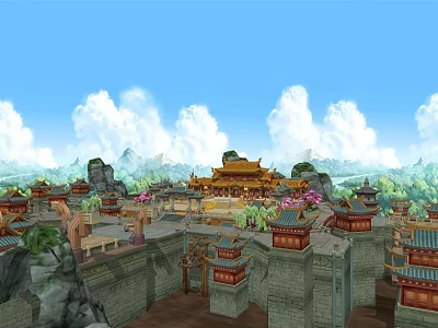 Traditional Ancient Architecture Complex With Yellow Roofs Red Walls Trees and Mountain Scenery 3d model