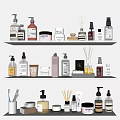 Organized White Shelves With Various Daily Cleaning Products Bottles Jars And Reed Diffusers 3d model