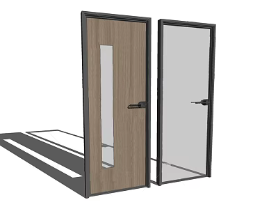 Modern Double Doors With Wooden Panel Transparent Glass And Black Metal Frame Design 3d model