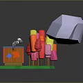 Colorful 3D Cartoon Scene With Mini House Ice Cream Pops And White Umbrella