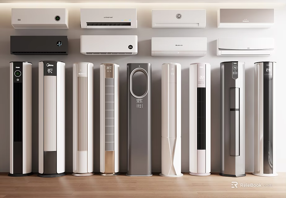 Modern Air Conditioner Fans With Various Types Standing And Wall Mounted Designs 3d model 