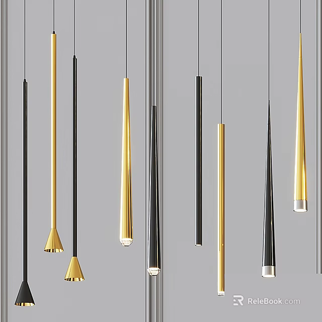 Modern Minimalist Pendant Lights Gold Black Metal Sleek Long Cone Shapes Interior Design 3d model 