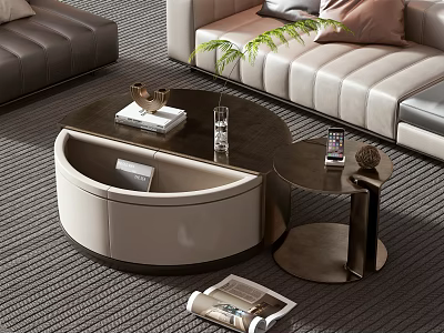Modern Round Coffee Table With Leather Sofa Side Table Decorative Items On Rug 3d model