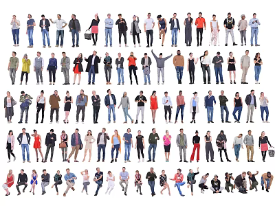 Group of People in Various Standing Sitting Poses with Different Casual Formal Outfits 3d model