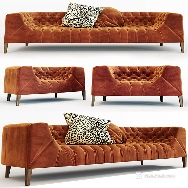 Tufted Orange Velvet Sofa Set With Leopard Print Pillow And Wooden Legs For Living Room 3d model 