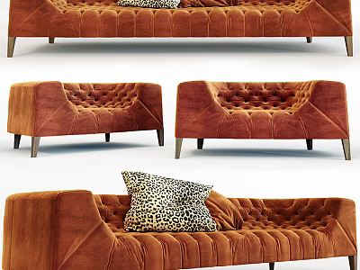 Tufted Orange Velvet Sofa Set With Leopard Print Pillow And Wooden Legs For Living Room 3d model