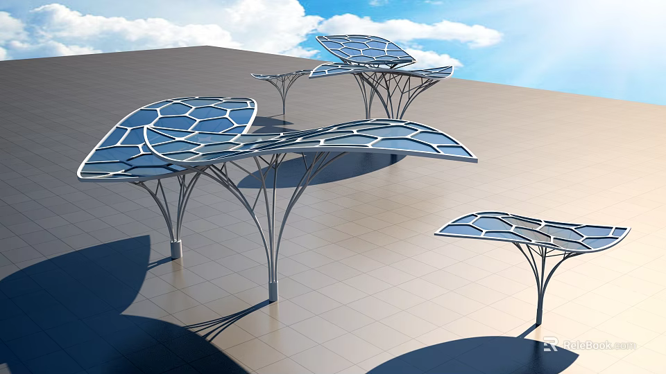 Outdoor Modern Shade Canopies With Tree Like Structure Geometric Blue Roof And Metal Frames 3d model 