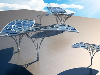 Outdoor Modern Shade Canopies With Tree Like Structure Geometric Blue Roof And Metal Frames 3d model