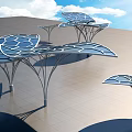 Outdoor Modern Shade Canopies With Tree Like Structure Geometric Blue Roof And Metal Frames