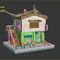 Cartoon Style Small Shop Building With Green Wall Red Staircase And Decorative Plants