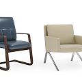Two Stylish Office Chairs Blue Leather with Wooden Frame and Beige Fabric with Metal Legs