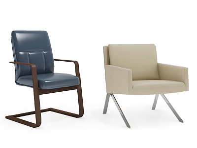 Two Stylish Office Chairs Blue Leather with Wooden Frame and Beige Fabric with Metal Legs 3d model