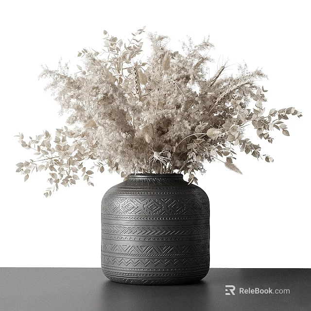 Black Textured Vase With White Dried Flowers And Green Foliage 3d model 