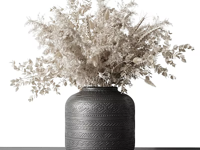 Black Textured Vase With White Dried Flowers And Green Foliage 3d model