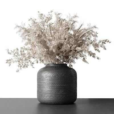 Black Textured Vase With White Dried Flowers And Green Foliage 3d model