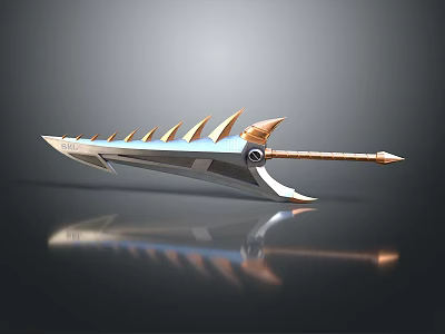 Fantasy Spiked Metallic Weapon With Ornate Gold Accents And Long Handle 3d model