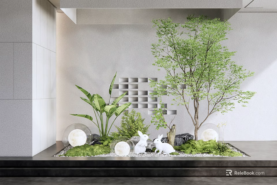 Serene Indoor Landscape With Green Plants Tree Rabbit Figurines Round Lights And Stones 3d model
