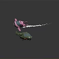 Pink Airliner With White Trail Flying Beside Green Helicopter On Black Background