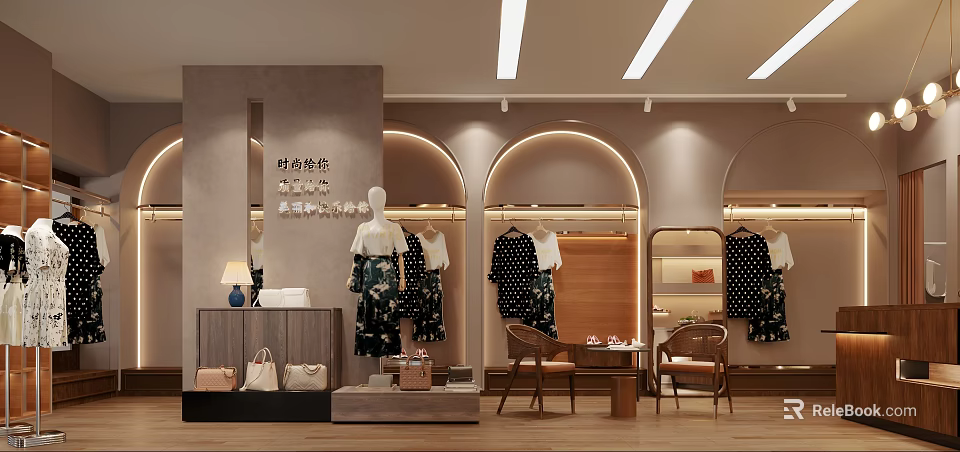 Stylish Clothing Store Interior With Mannequins Clothes Bags And Arched Lighting Designs 3d model 