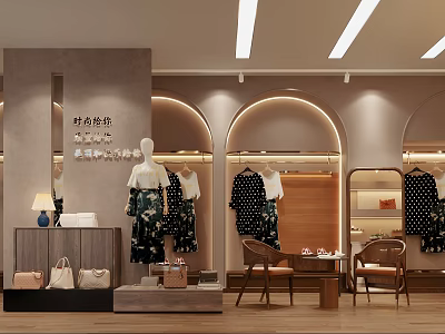 Stylish Clothing Store Interior With Mannequins Clothes Bags And Arched Lighting Designs 3d model