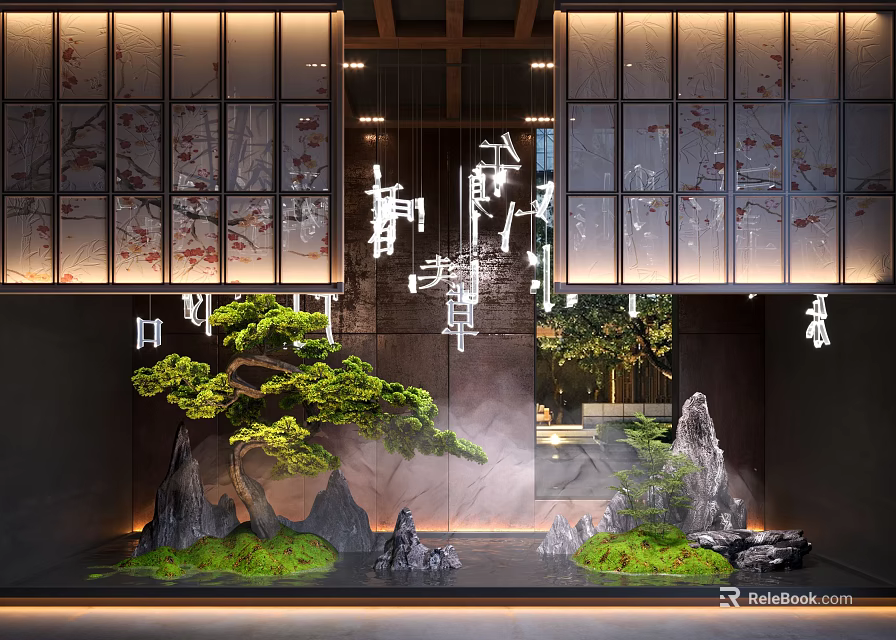 Zen Inspired Indoor Landscape With Sliding Screens Pine Tree Rock Formations And Water Feature 3d model 