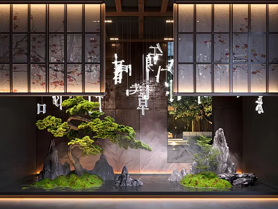 Zen Inspired Indoor Landscape With Sliding Screens Pine Tree Rock Formations And Water Feature 3d model