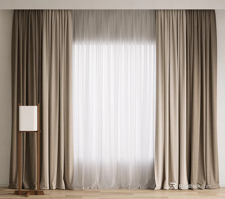 Warm Double Layer Curtains With Beige Thick Outer And White Sheer Inner By Floor Lamp 3d model
