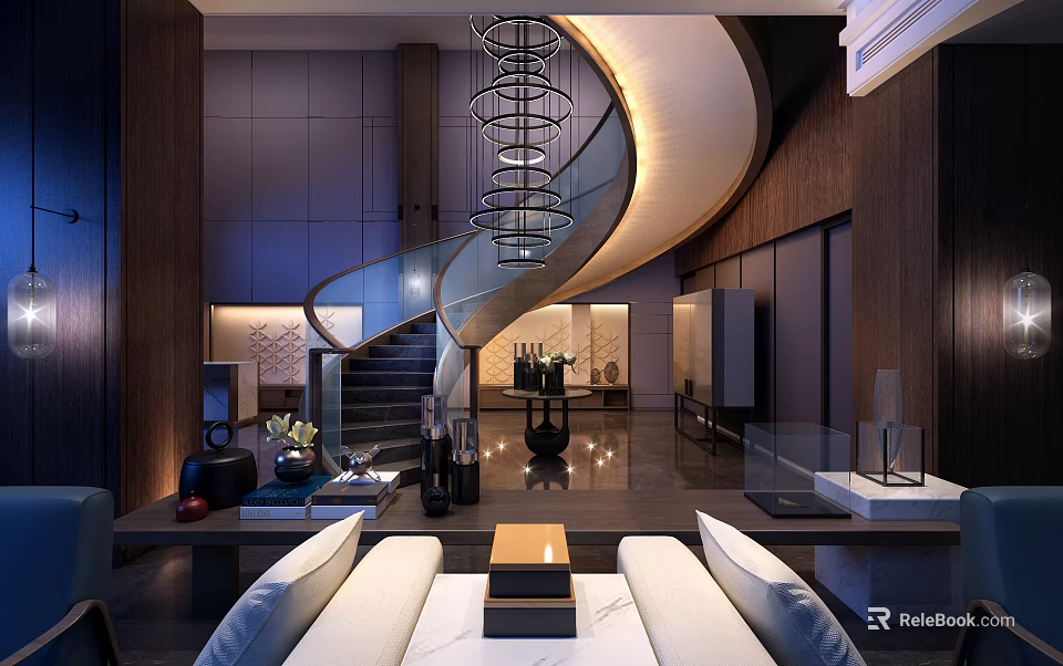 High End Modern Home Study With Stylish Spiral Staircase And Refined Luxury Interior Decor 3d model 