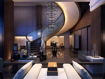 High End Modern Home Study With Stylish Spiral Staircase And Refined Luxury Interior Decor 3d model