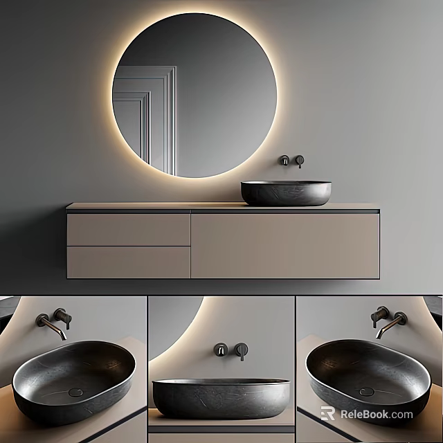 Modern Bathroom Vanity With Round Backlit Mirror Black Vessel Sink And Light Wood Cabinet 3d model 