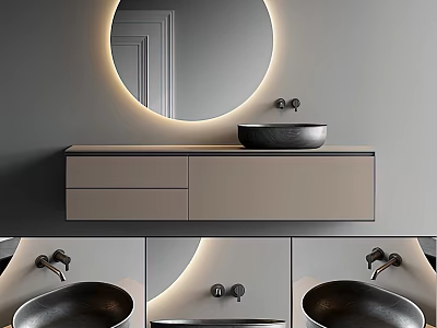 Modern Bathroom Vanity With Round Backlit Mirror Black Vessel Sink And Light Wood Cabinet 3d model