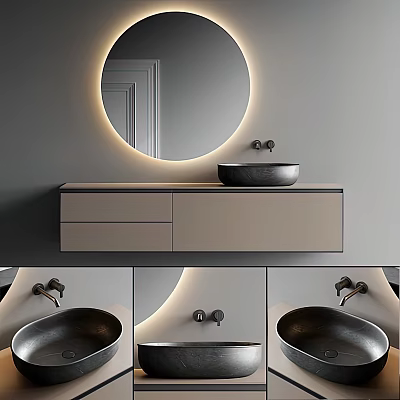 Modern Bathroom Vanity With Round Backlit Mirror Black Vessel Sink And Light Wood Cabinet 3d model