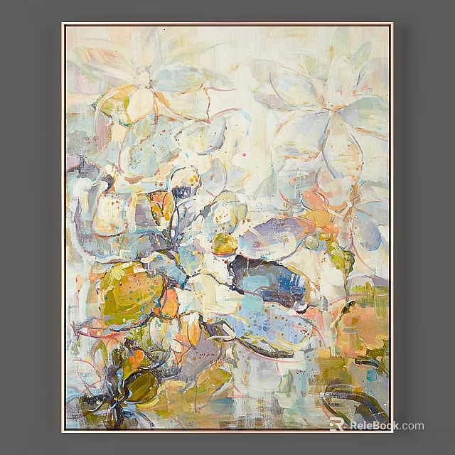 Framed Abstract Floral Painting With Soft Blue Green And Yellow Tones 3d model 