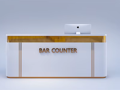White Bar Counter Design With Golden Trim And Laptop On Top 3d model