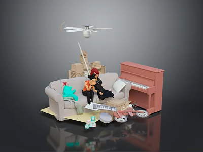 Toy Characters And Stuffed Animal On Sofa Near Piano With Boxes And Shoes 3d model