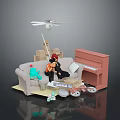 Toy Characters And Stuffed Animal On Sofa Near Piano With Boxes And Shoes